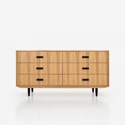 Drewniana komoda z sześcioma wysuwanymi szufladami z dębu fornir w kolorze beżowym